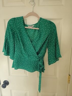 BB Dakota Emerald Green Polka Dot Wrap Blouse